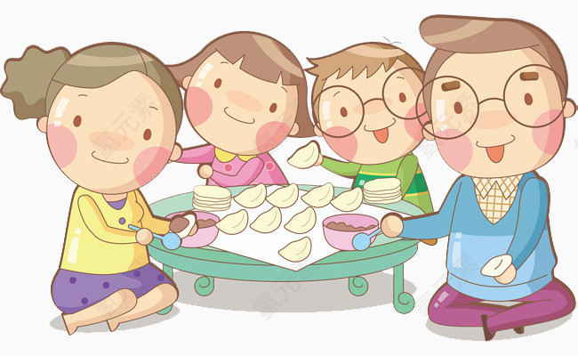 包饺子的一家人