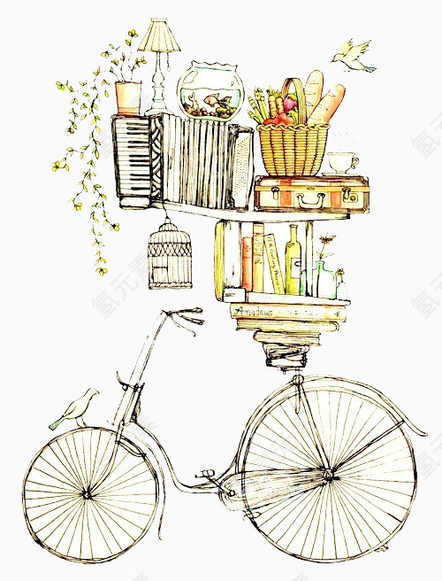 仙境图片手绘图片 自行车和书