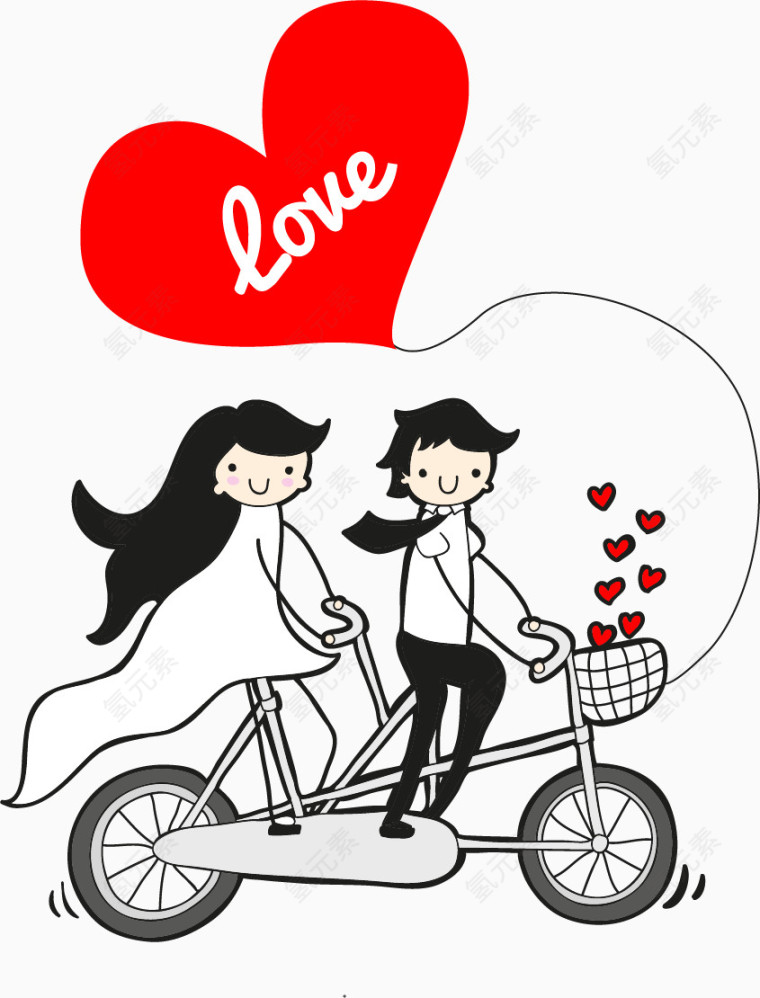 恋人情侣相爱坐在自行车上卡通手绘