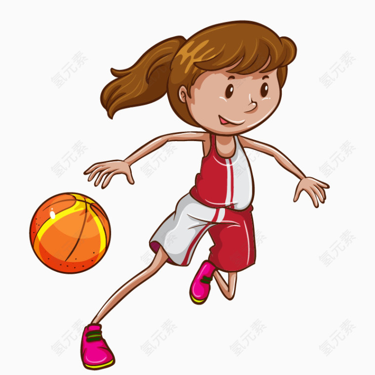 卡通手绘红色衣服打篮球女孩