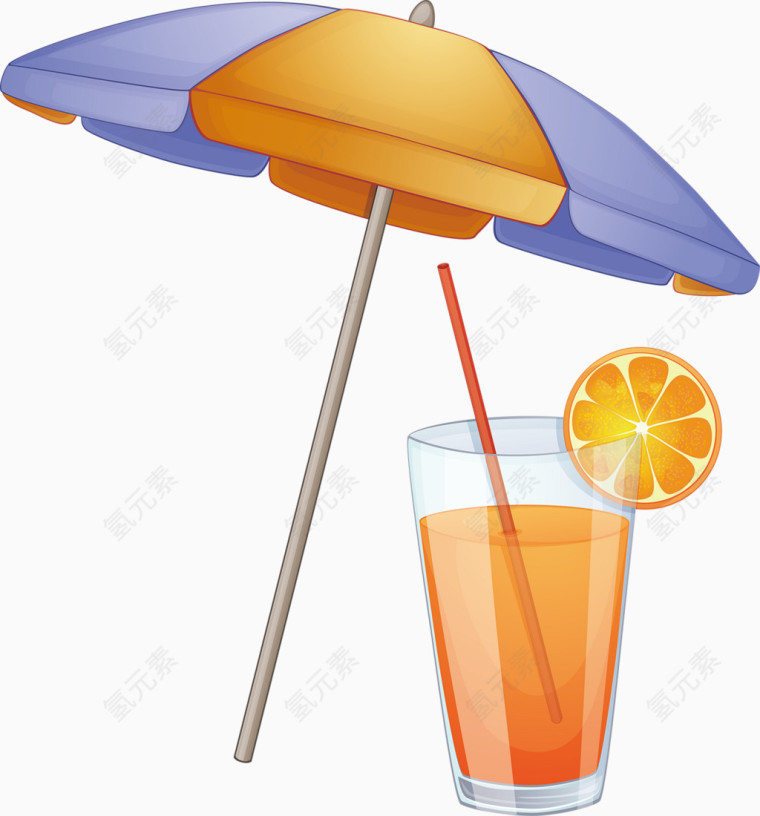 橙汁沙滩伞卡通手绘装饰元素