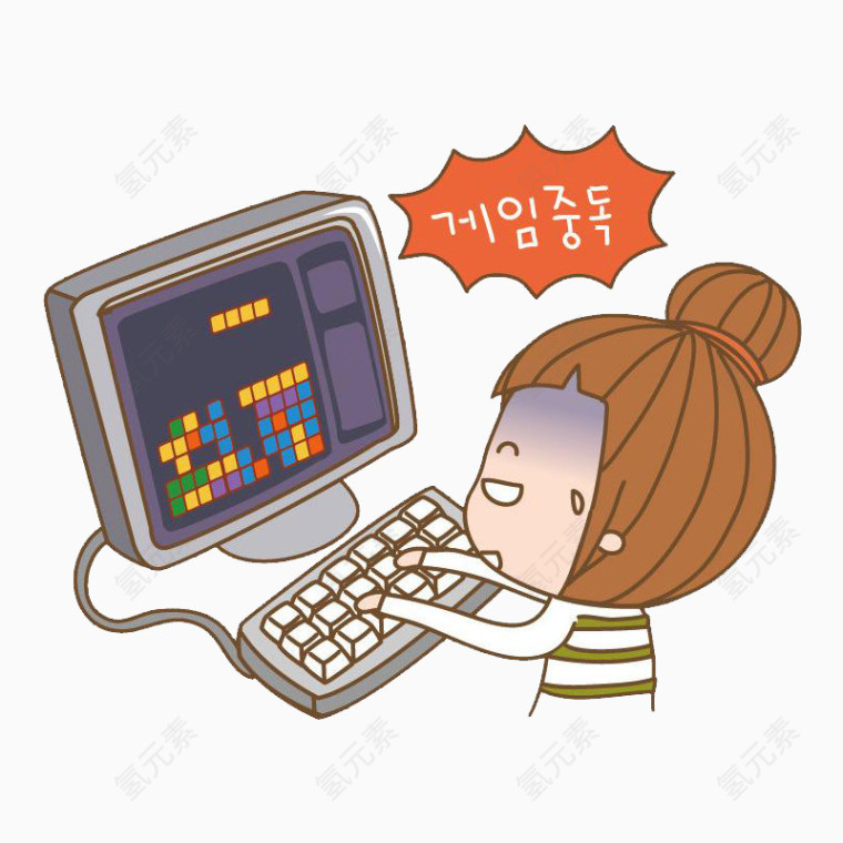 卡通女孩玩电脑俄罗斯方块游戏