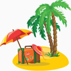 卡通手绘椰子树海滩度假