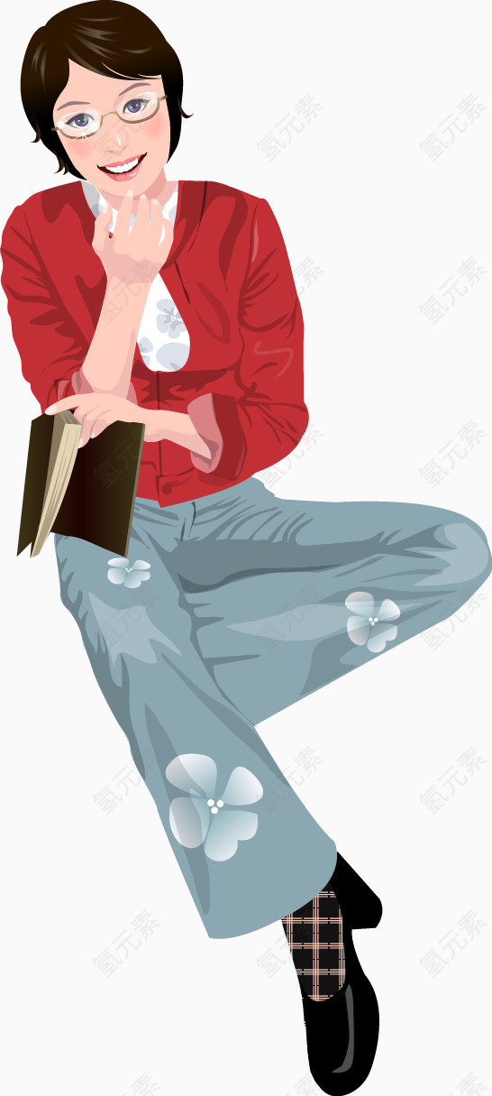 坐着看书的红衣女人矢量素材