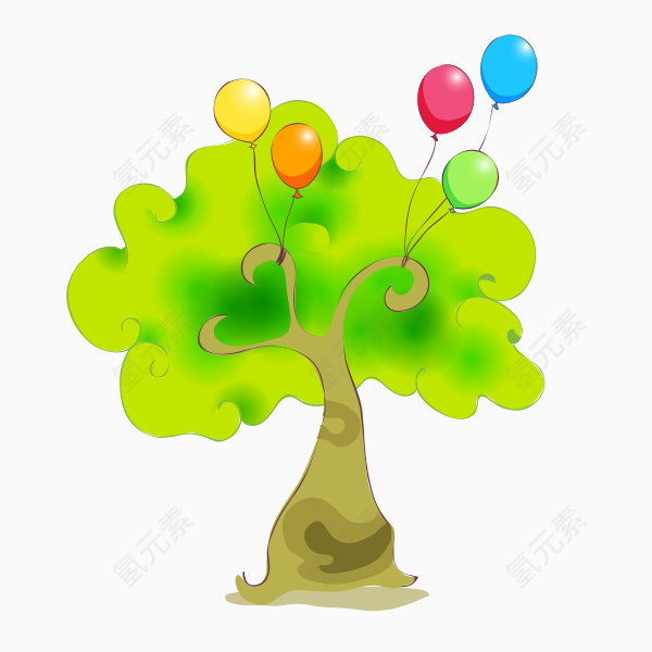 卡通手绘绿色树和气球