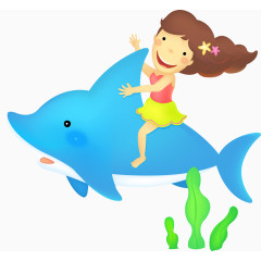 坐在鲸鱼上的小女孩卡通手绘装饰元素