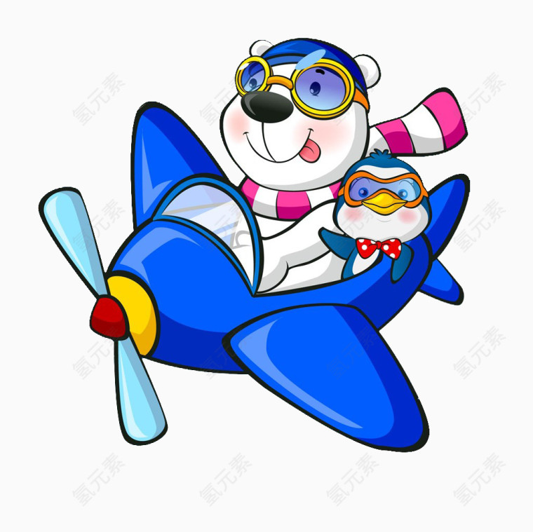 卡通小熊和小企鹅坐飞机