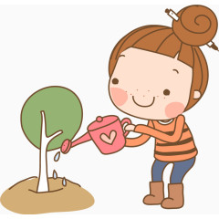卡通手绘浇树的女孩 