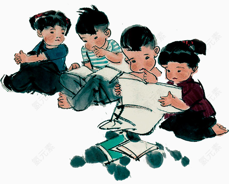 旧社会读书的孩子水墨画