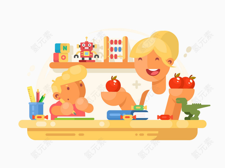 写作业的孩子和拿着水果的妈妈卡通矢量素材