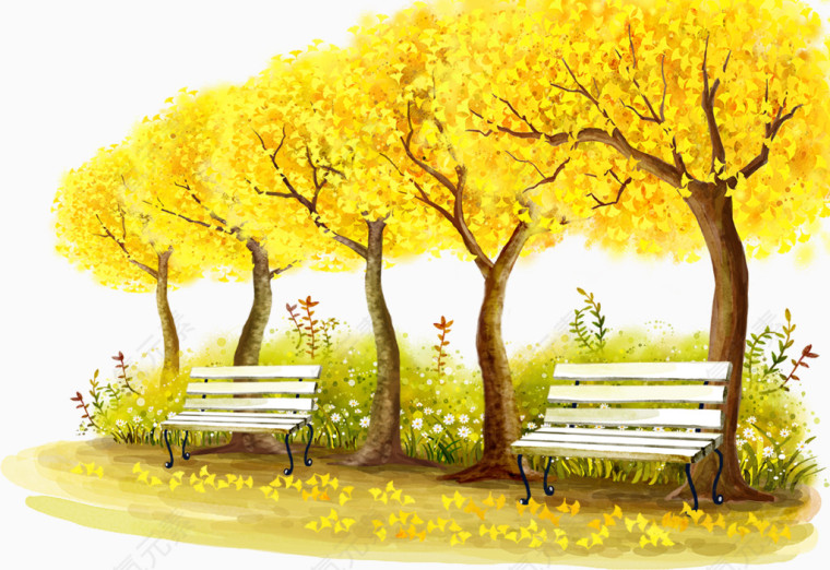 黄色大树和凳子