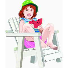 卡通坐在椅子上吃西瓜的女人