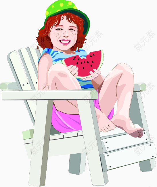 卡通坐在椅子上吃西瓜的女人