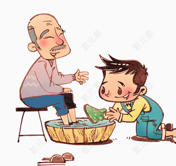 卡通手绘给爷爷洗脚的小男孩
