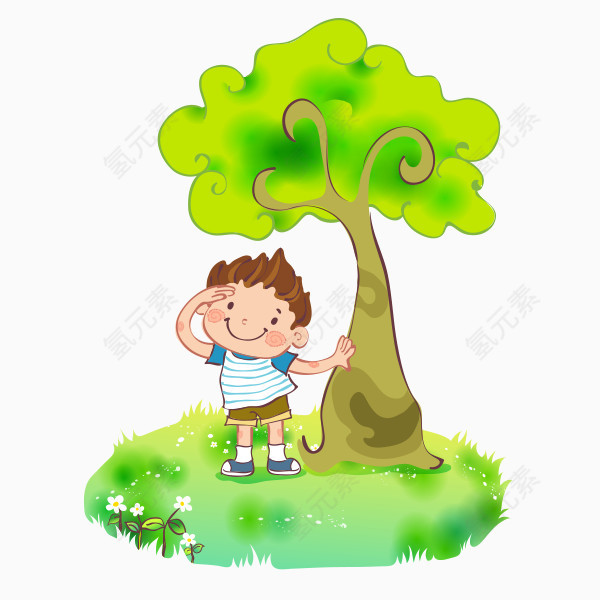 卡通手绘树下玩耍的男孩