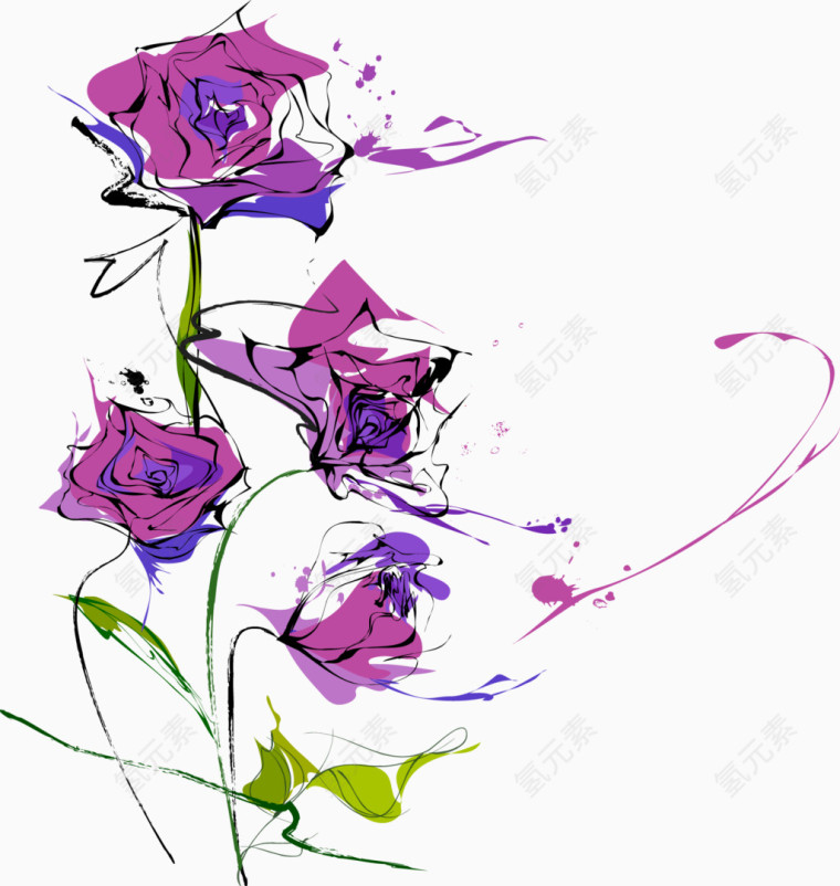 水彩线条紫玫瑰