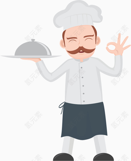 端餐盘的八字胡厨师卡通手绘