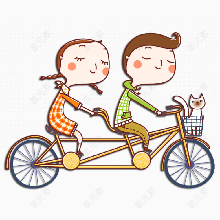 手绘卡通骑自行车情侣