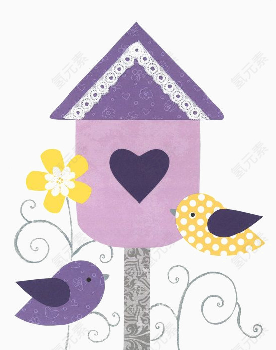 卡通紫色鸟屋爱心装饰
