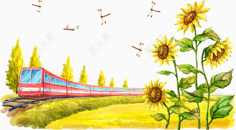 红色火车和向日葵