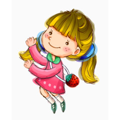 卡通手绘背着草莓书包的女孩 
