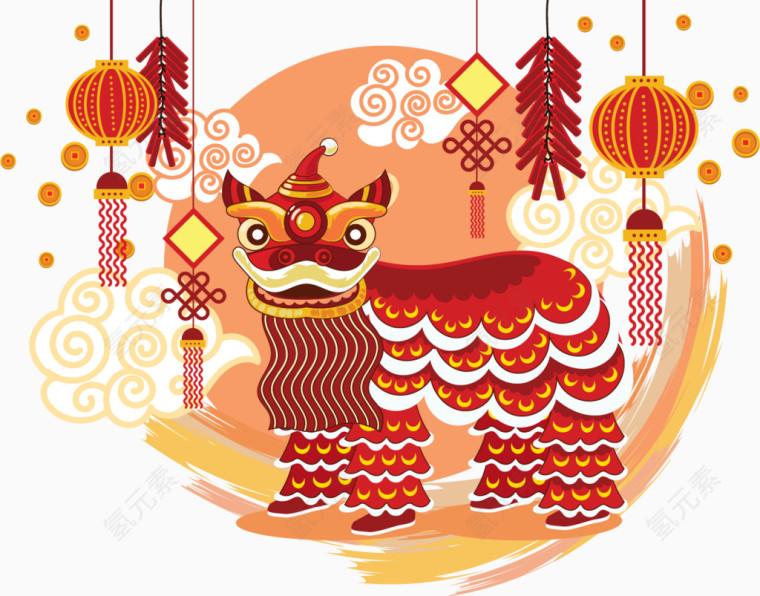 春节节日舞狮灯笼鞭炮庆祝