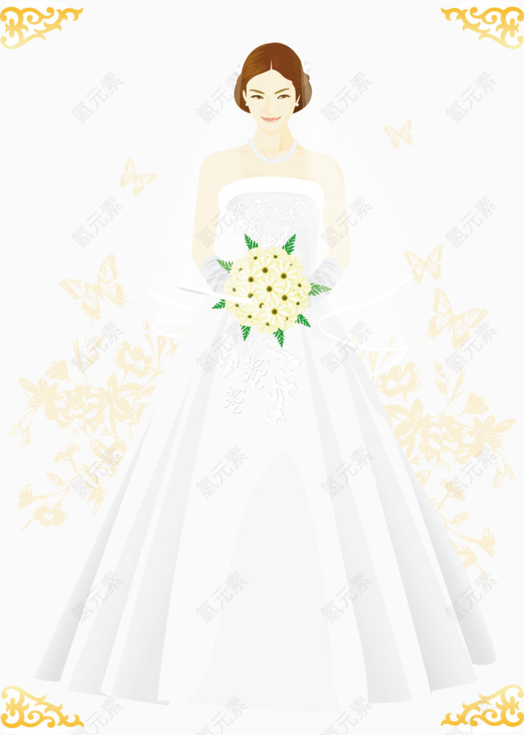 拿着一束花朵的新娘矢量婚纱照