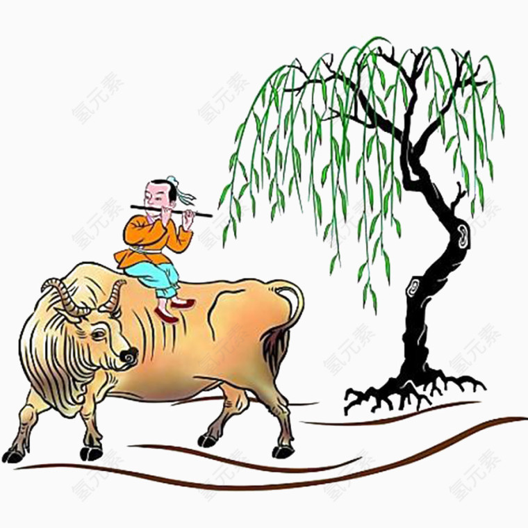 柳树下放牛的牧童