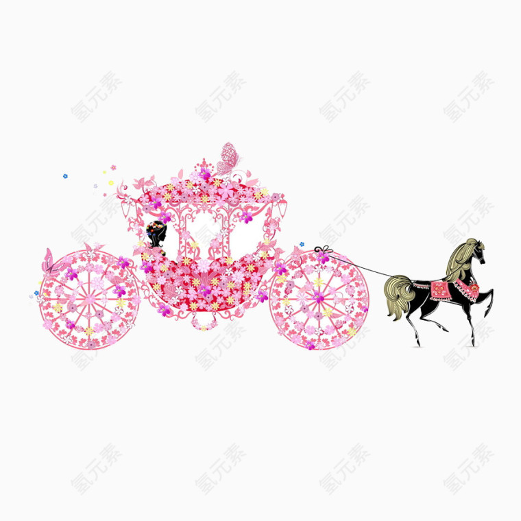 一匹黑马拉的粉色公主马车