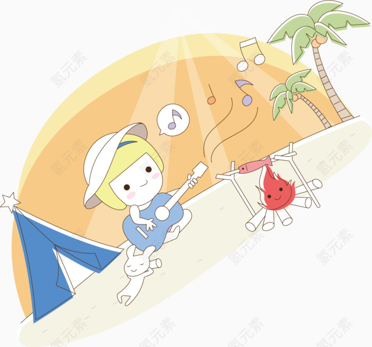 夏日元素帐篷椰树弹吉他的小女孩卡通人物