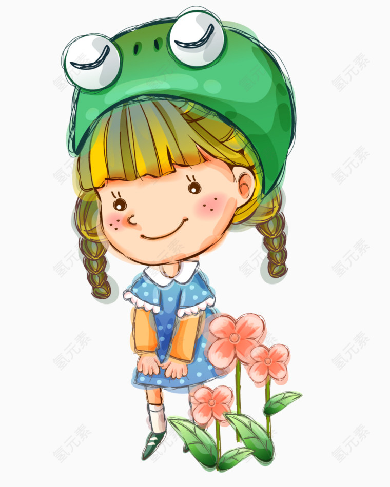 卡通手绘站在花丛里的小女孩 