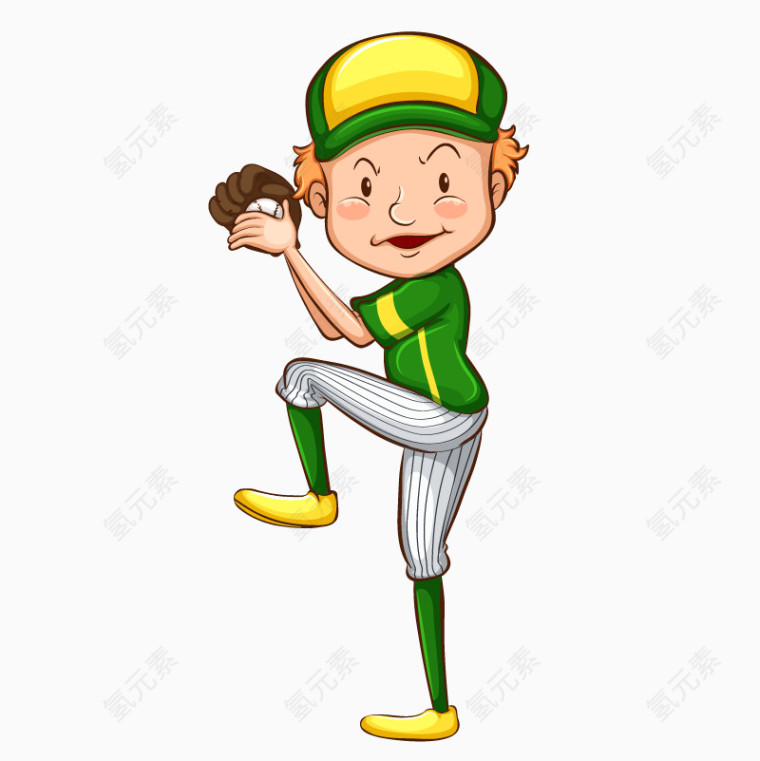 卡通手绘绿色衣服投棒球男孩