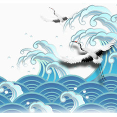 水彩画海浪仙鹤