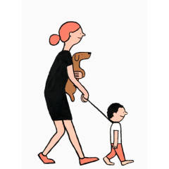 彩绘插画-牵着孩子的妈