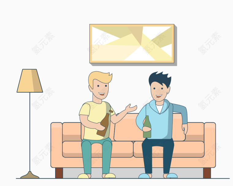 卡通手绘两男士沙发交谈场景