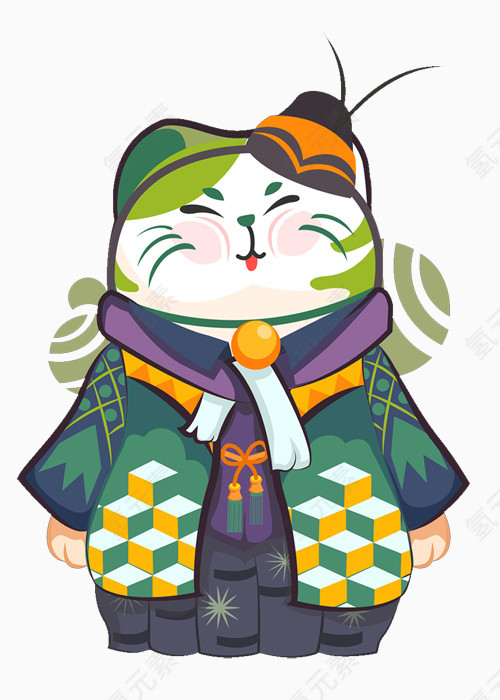 卡通手绘绿色日本招财猫