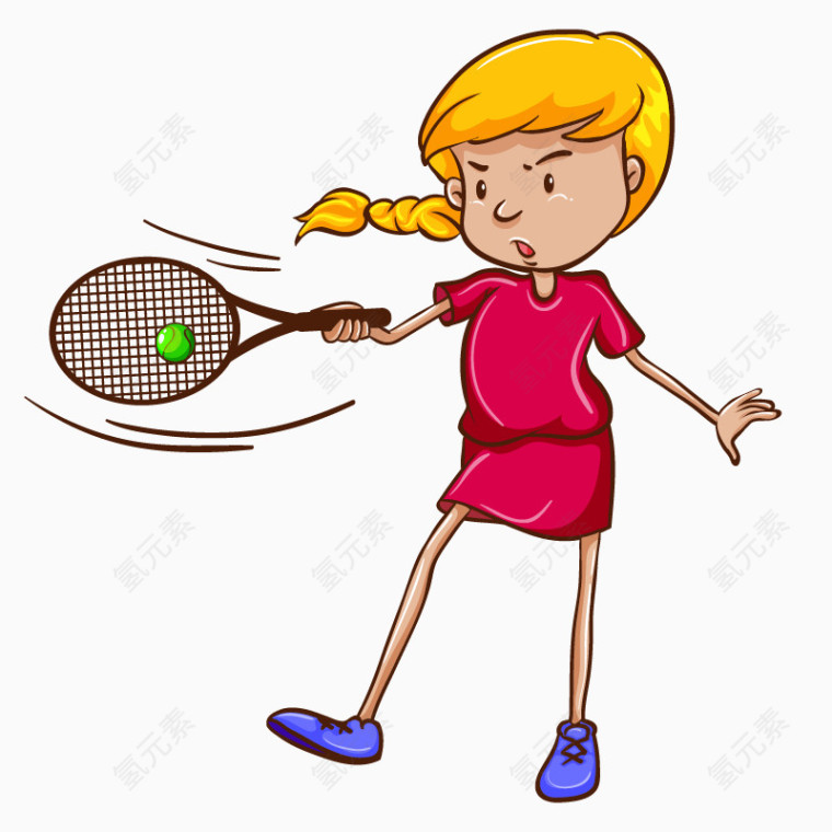 卡通手绘红色衣服打网球女孩