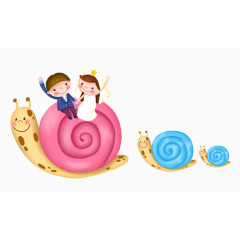 卡通可爱坐在蜗牛上的情侣