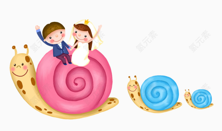 卡通可爱坐在蜗牛上的情侣