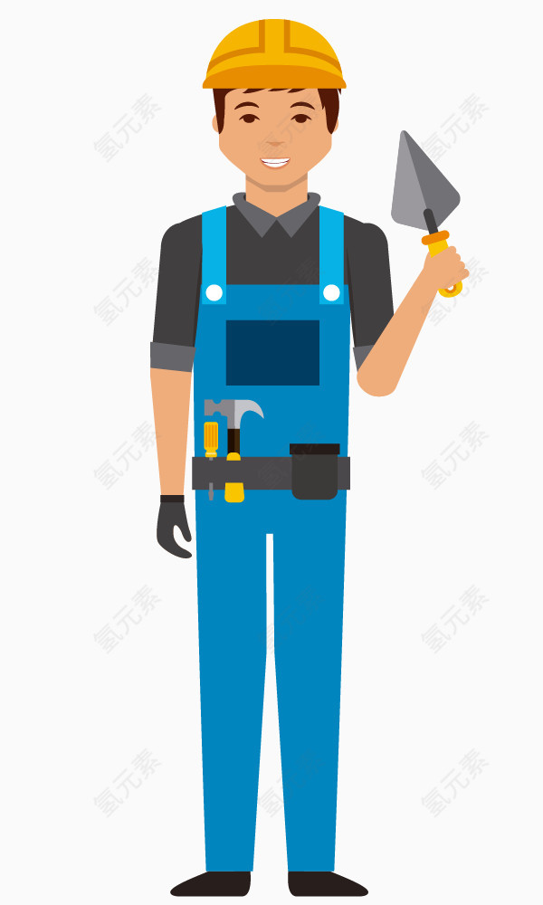 卡通手绘蓝色工作服工程工人拿铲子