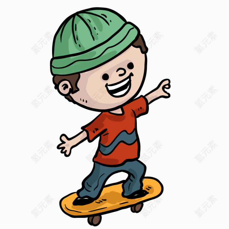 卡通手绘戴绿帽子滑滑板男孩