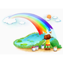 卡通小女孩绘彩虹