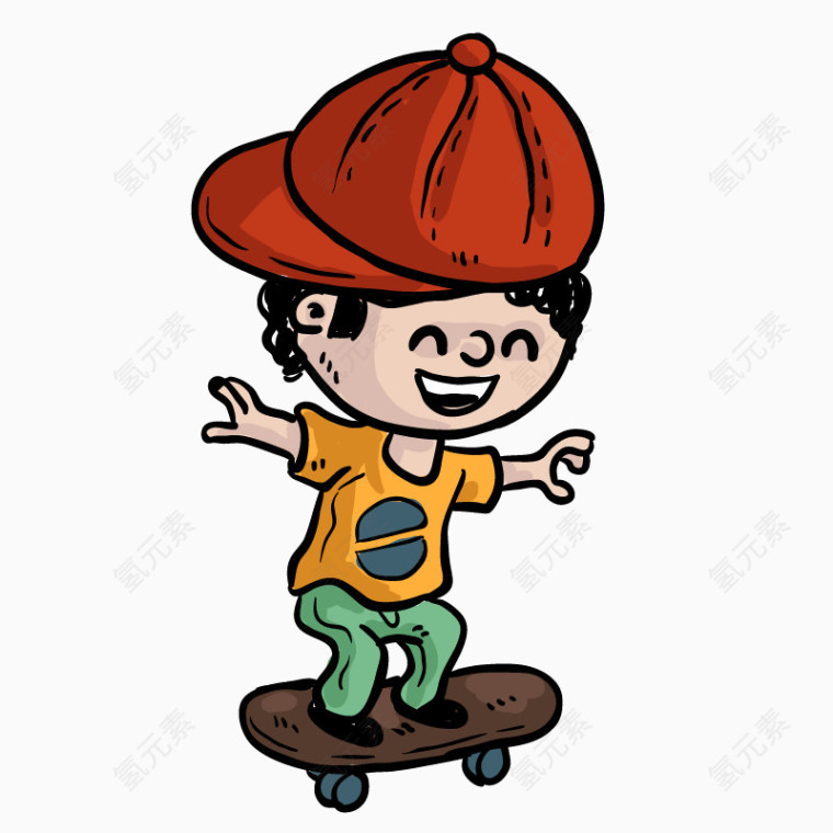 卡通手绘戴红帽子滑滑板男孩