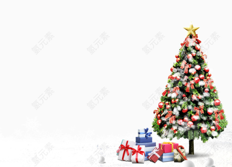 雪地里的挂满五彩小球的圣诞树和树下礼品盒