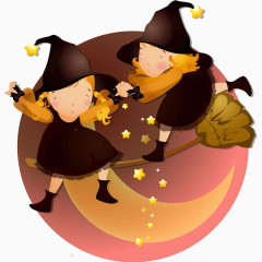 月亮上玩耍的两个小女巫