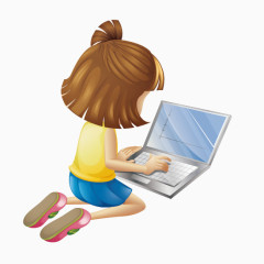 卡通手绘用电脑学习的女孩 