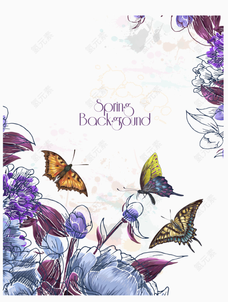 紫色花卉蝴蝶矢量