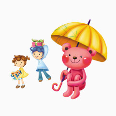 小熊雨伞拿礼物的小孩子卡通手绘装饰元素
