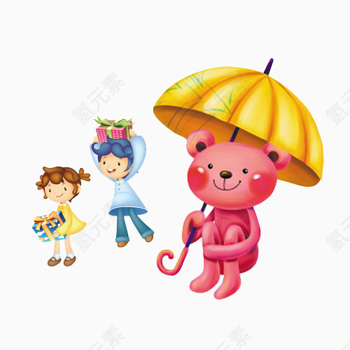 小熊雨伞拿礼物的小孩子卡通手绘装饰元素