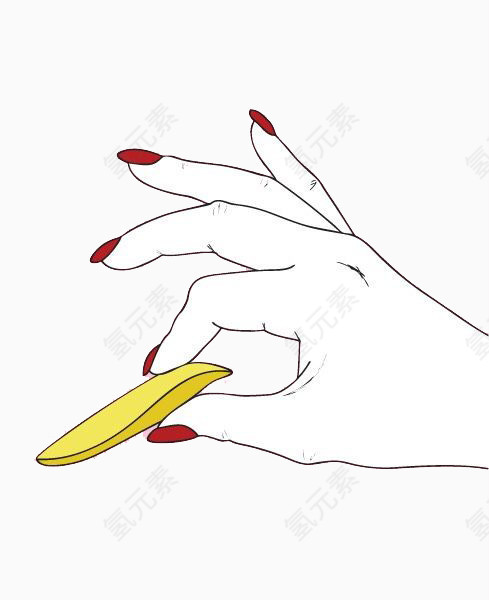 红指甲的手拿着黄色食物